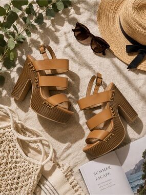 Women's JustFab Tan Platform Strappy Heels